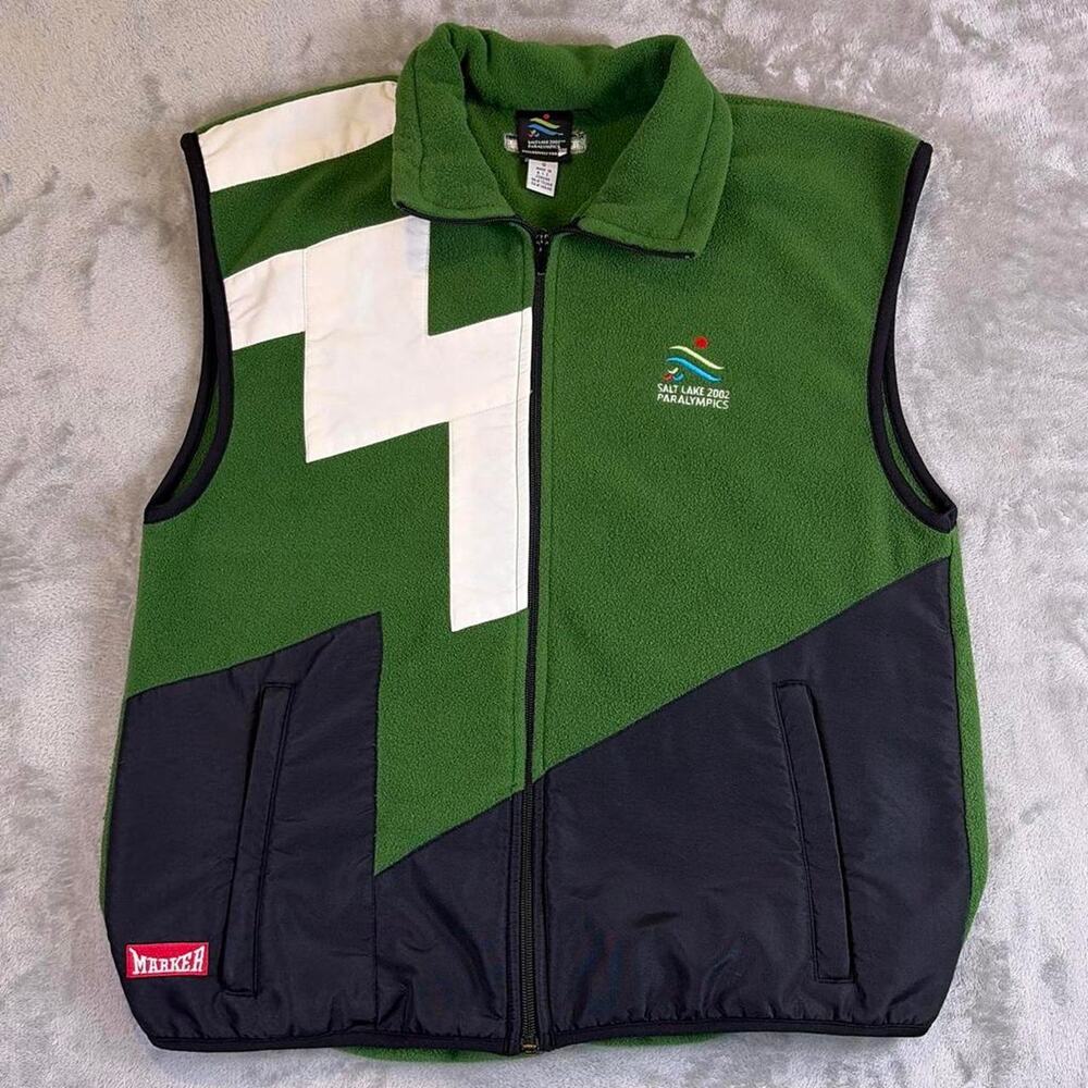 VTG Salt Lake 2002 Paralympics Fleece Vest Men’s Small Green FullZip Olympic Ski